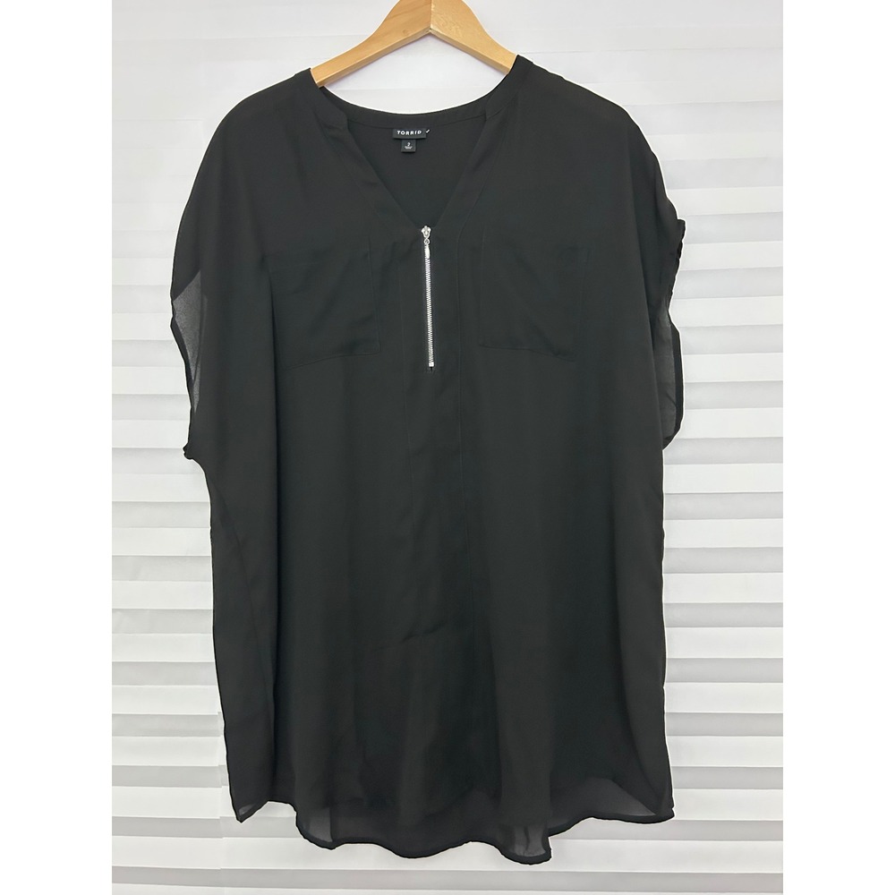 Torrid Black Georgette Zip Front Cap Sleeve Blouse Top Plus Size 2 2X